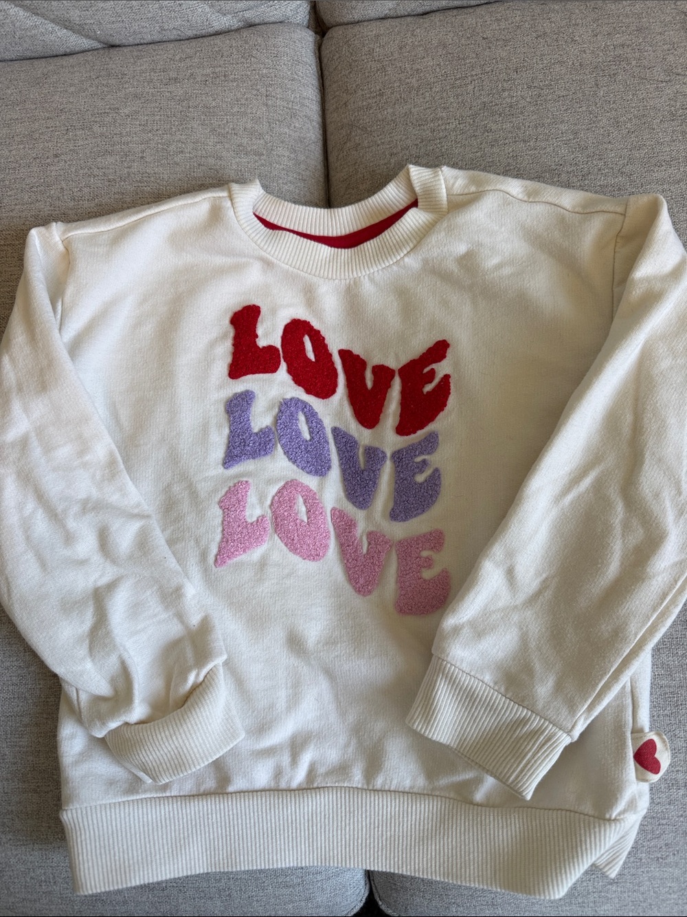 Girls' Cream Sweatshirt with Red, Purple & Pink 'LOVE' Crochet